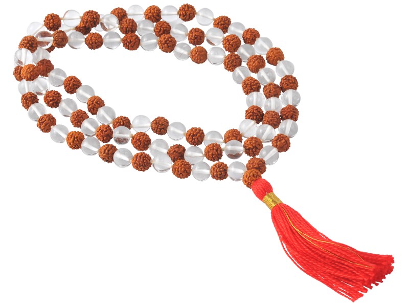 Item Mala 108 perles 8mm Cristal de roche & Rudraksha